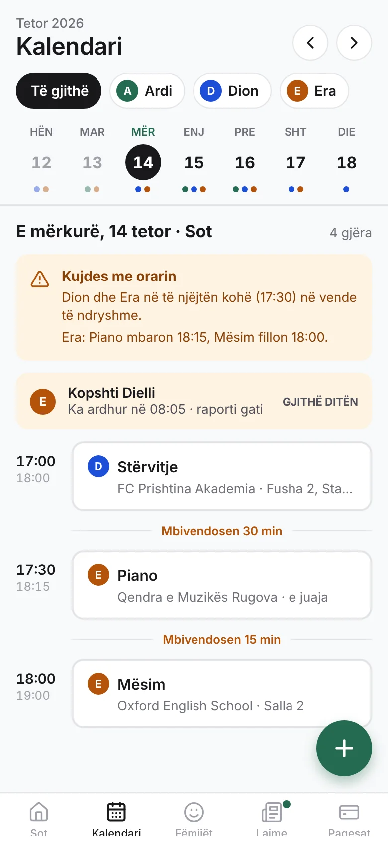 Kalendari i familjes: e mërkura e 14 tetorit me paralajmërimin që Era është në dy vende në 17:30, stërvitjen, pianon dhe mësimin.