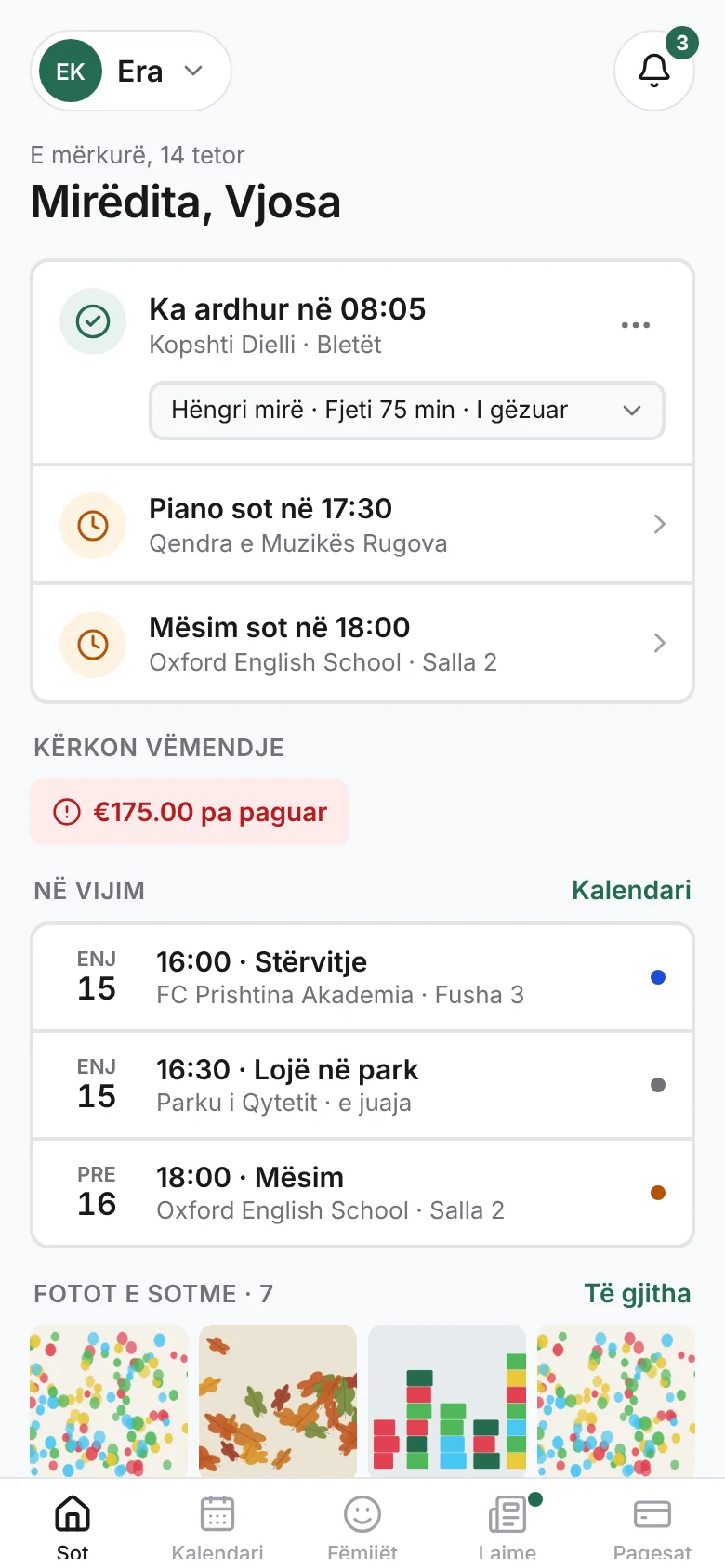 Ekrani Sot në aplikacionin e prindit: Era ka ardhur në 08:05 në Kopshtin Dielli, hëngri mirë dhe fjeti 75 minuta.